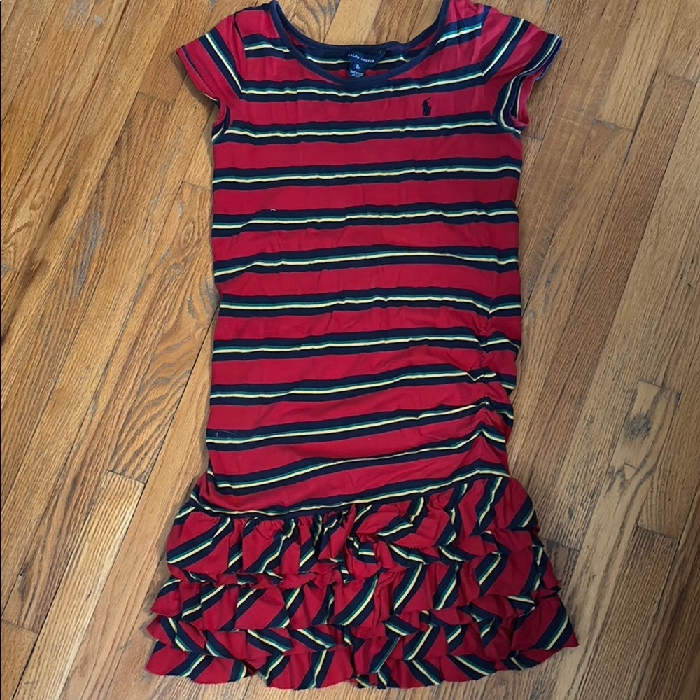 Adorable Ralph Lauren Red Striped Ruffle Kids Dress